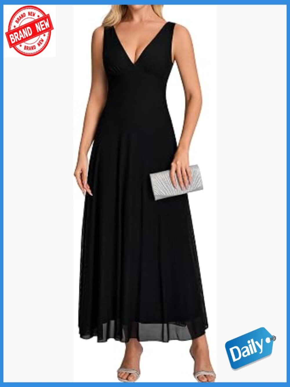 V Neck Sleeveless Maxi Dress A Line Mesh Formal Wedding Guest